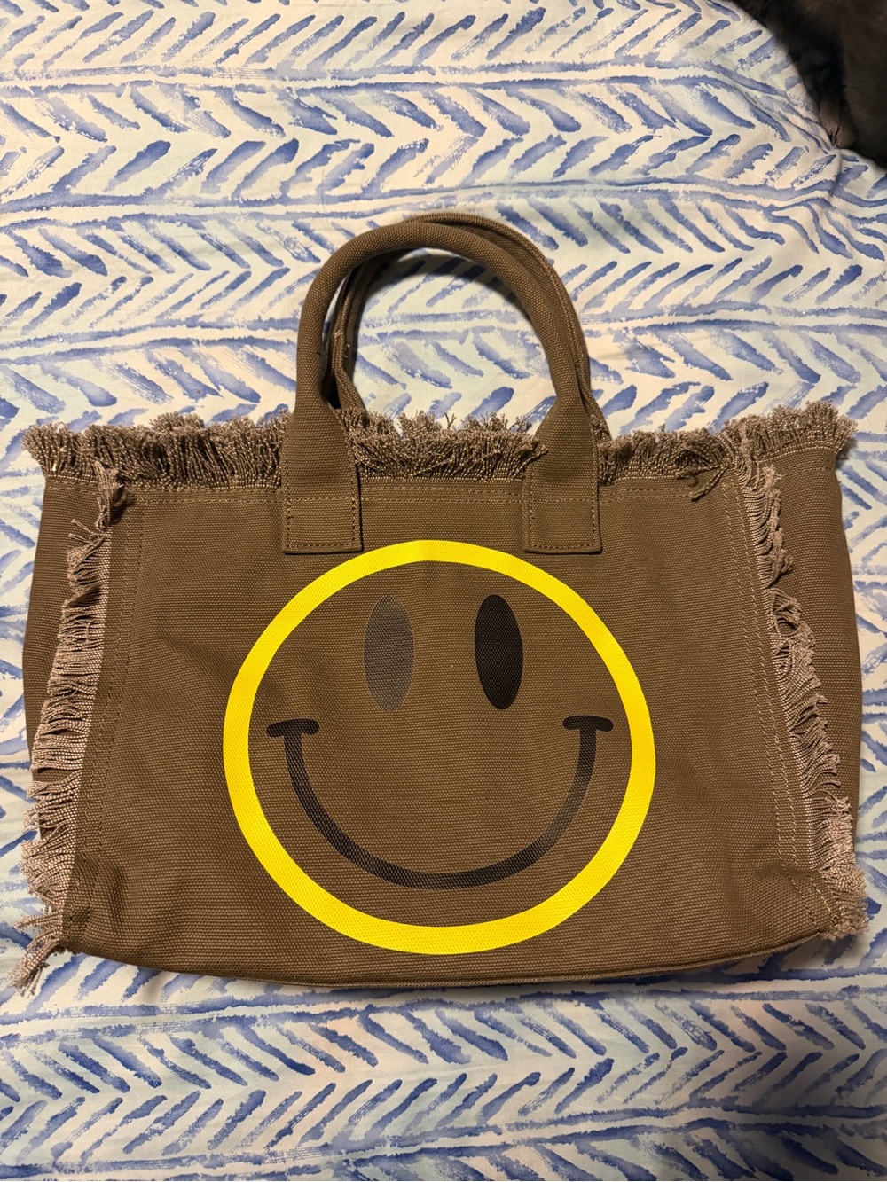 Olive green Canvas Tote Bag with Yellow Smiley Face